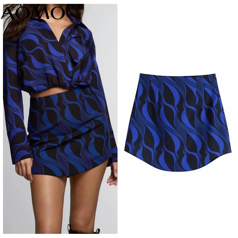 

AOMO Women Fashion with Seams Blue Printed Mini Skirt Vintage High Waist Back Zipper Female Skirts Mujer BE220A