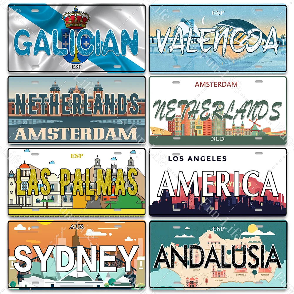 

Vintage Spain/SYDNEY Car Number Poster License Plate Popular City Brazil National Flag Retro Tin Signs Home Decor Stickers 15x30