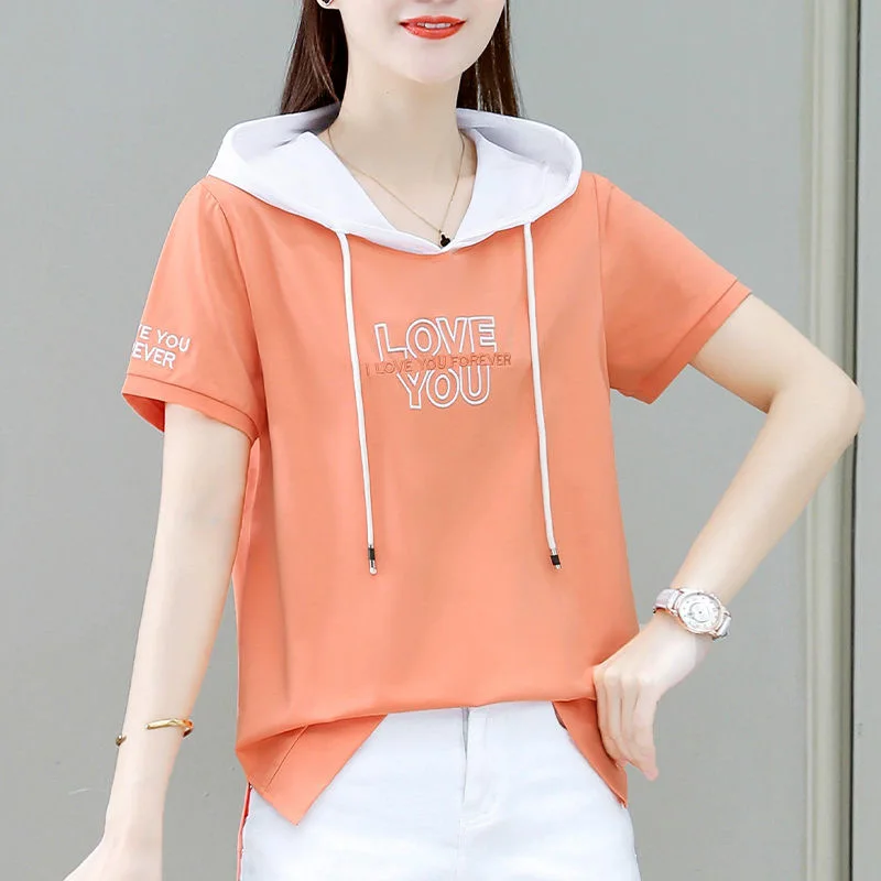 

2021 100% Cotton Hoodie T Shirt Woman O Neck Summer Short Sleeve Shirt Woman T-shirt Loose Korean Style Plus Size Women Shirts