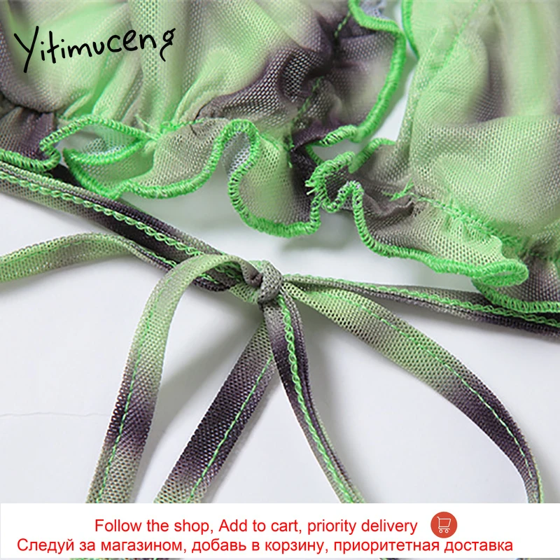 

Yitimuceng Green Bandage Shirts for Women Tshirts 2021 Summer Sexy Club Tops Hollow Out Halter Tie Dye Wrap Chest Long Sleeve