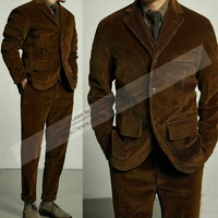 brown corduroy groom men suits 3 pcs tuxedos office work wear classic tailored fitted blazer masculino vestpants groomsman