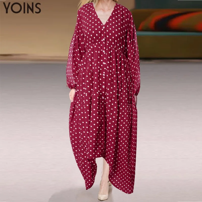 YOINS женское осеннее длинное платье в горошек повседневное рукав фонарик