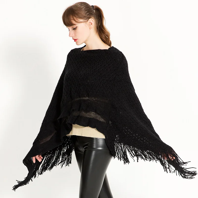 Модные женские вязаные платки и пончо высокого качества из акрила с бахромой, плащи-накидки осень-зима, вязаные шаль-пуловеры.