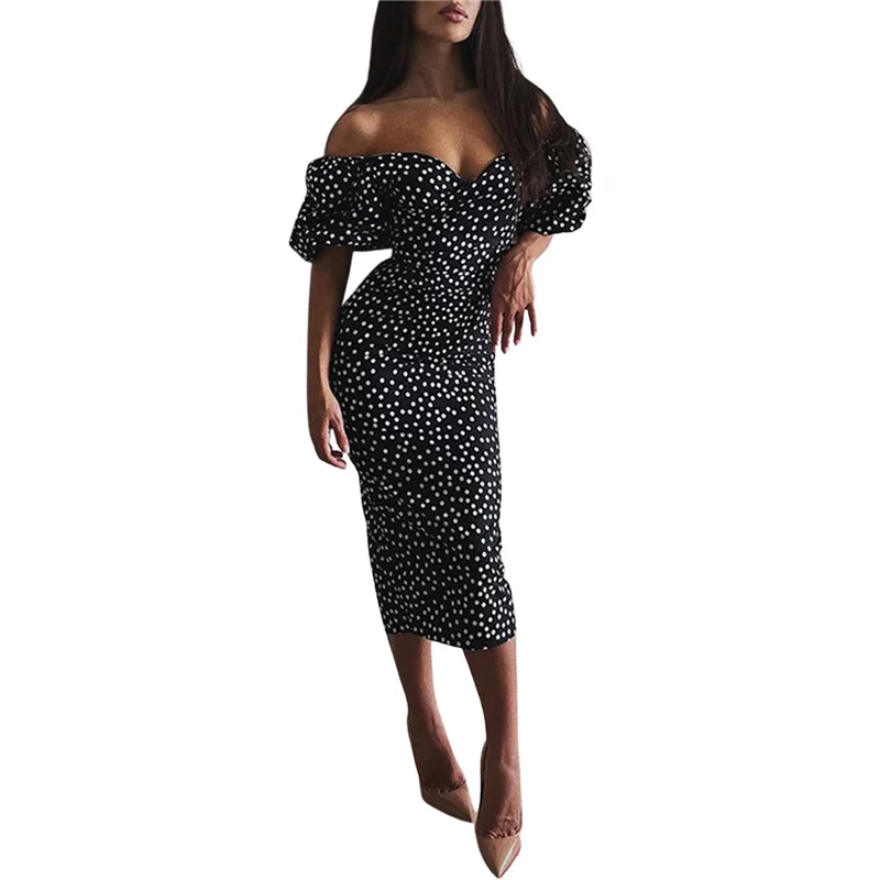 

Women’s Casual Puff Sleeve Skinny Dress Fashion Polka Dot Boat Neck Mid-length Sexy Dress, S/M/L
