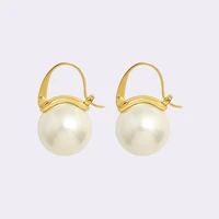 french style big pearl charm earrings female 18k real gold plated stainless steel huggies dorp pearl earrings for women