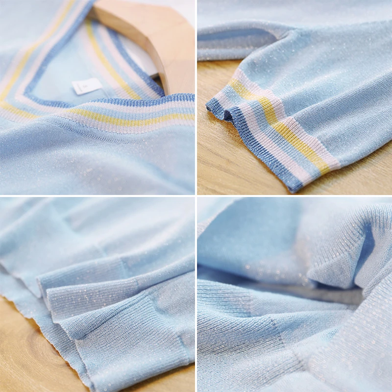 

Fashion V-Neck Contrast Color Slim Knitted T-Shirt Women Short Sleeve Bright Silk Knitwear Tees Summer Stretch Tees Female