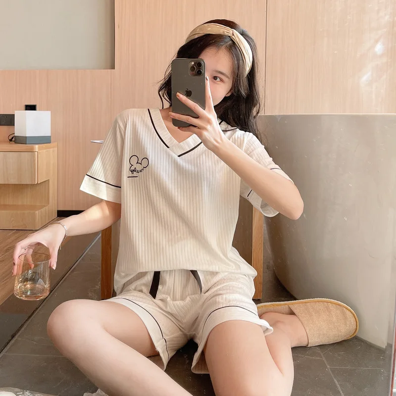 2021 Summer Women's Pajamas Short Sleeve V-neck Cotton Nightwear Pure Color Letter Shorts Sweet Lovely Home Suit Thin Sleepwear