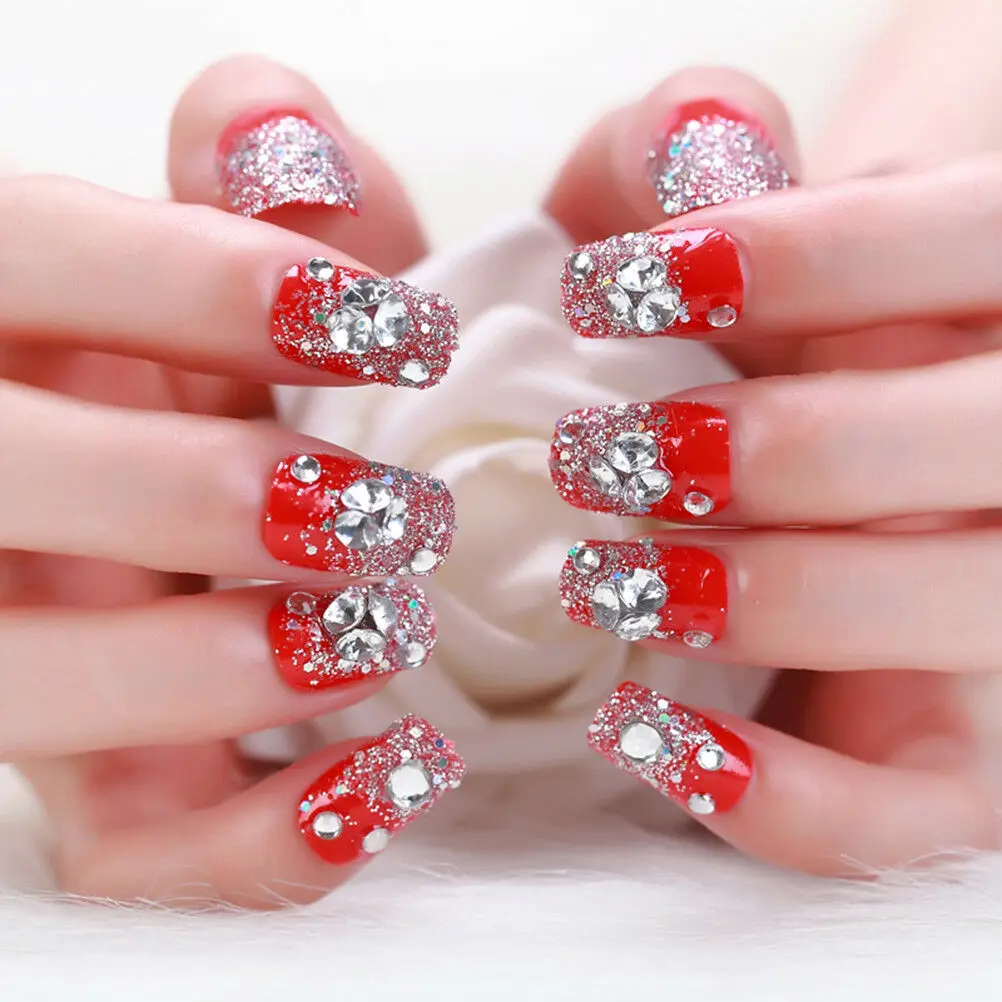 

24 Pcs/Set Women Girl Bride Red 3D Fake Nails Wrapped Tips Artificial False Nail