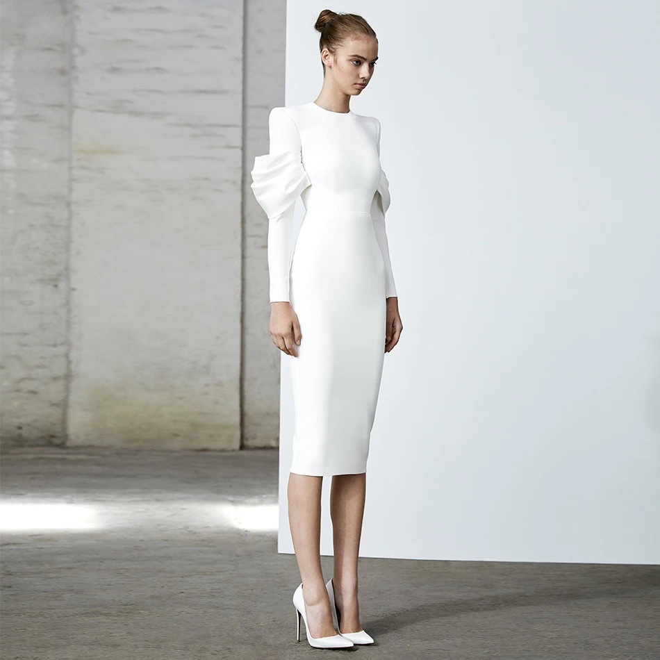 

Adyce 2021 New Winter White Long Sleeve Bodycon Bandage Dress Women Sexy O Neck Night Club Celebrity Evening Runway Party Dress