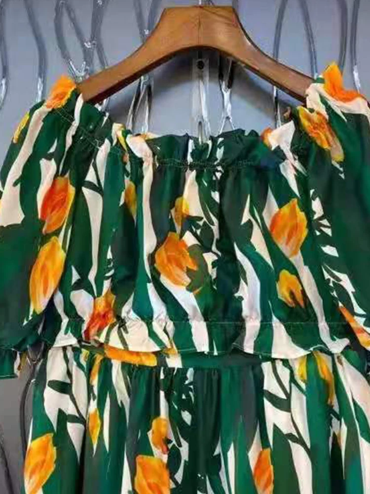 

Women's clothing summer floral printing and dyeing tube top one shoulder short sleeve short blouse + high waist long skirt suit