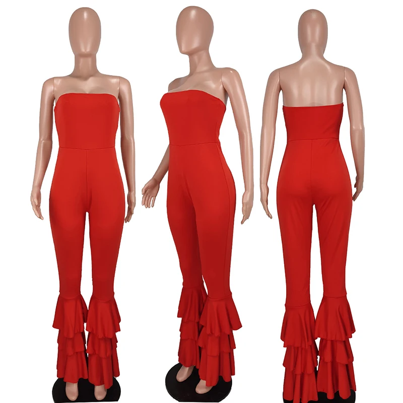 Women Strapless Bodycon Sexy Casual Jumpsuit Red Fashion New Backless Rompers Stacked Flared Pants Streetwear Overalls One Piece images - 6