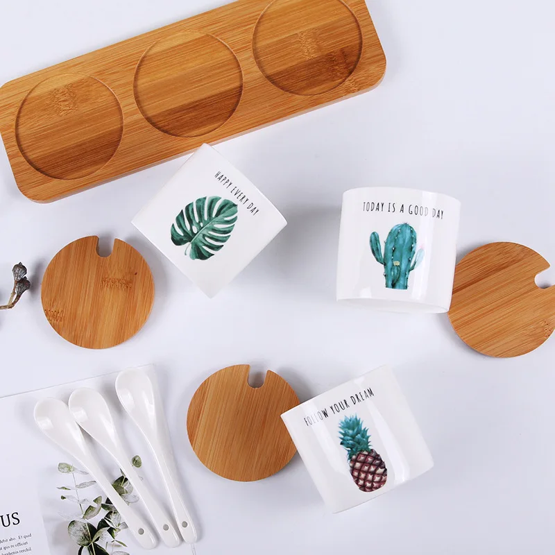 

Nordic green planting jar creative ceramic seasoning box seasoning salt pot set household seasoning box seasoning pot