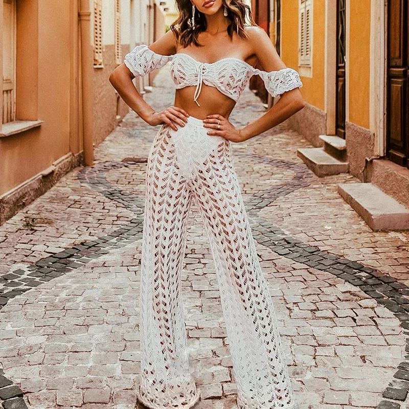 Пляжные брюки с высокой талией 2020 Модная вязаная сетчатая летняя пляжная одежда