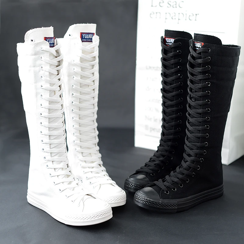 

2022 Spring Autumn Women Shoes Canvas Casual High Top Shoes Long Boots Lace-Up Zipper Comfortable Flat Boots Sneakers Size 34-43