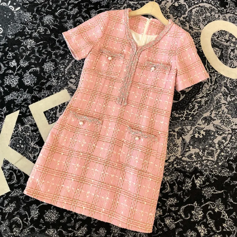 Women Elegant Short Sleeve Dress Tweed Jacket Two Piece Set Slim Fit Formal Party Outfits Matching Sets Office Ladies Suit Pink