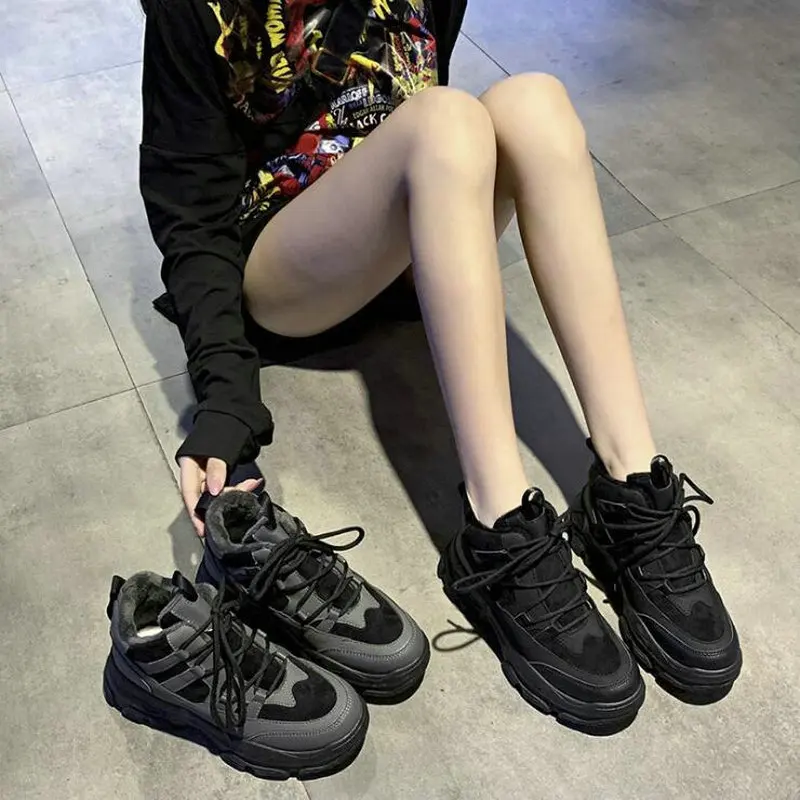 Зимние женские кроссовки корейские Дикие повседневные согреться с мехом