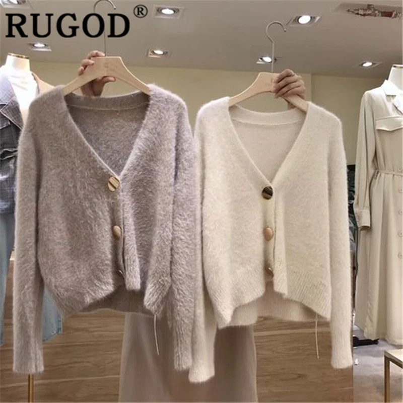 RUGOD однотонный Элегантный женский кардиган, повседневный кашемировый вязаный женский свитер с v-образным вырезом, пальто, тонкая Осенняя зимняя одежда для женщин