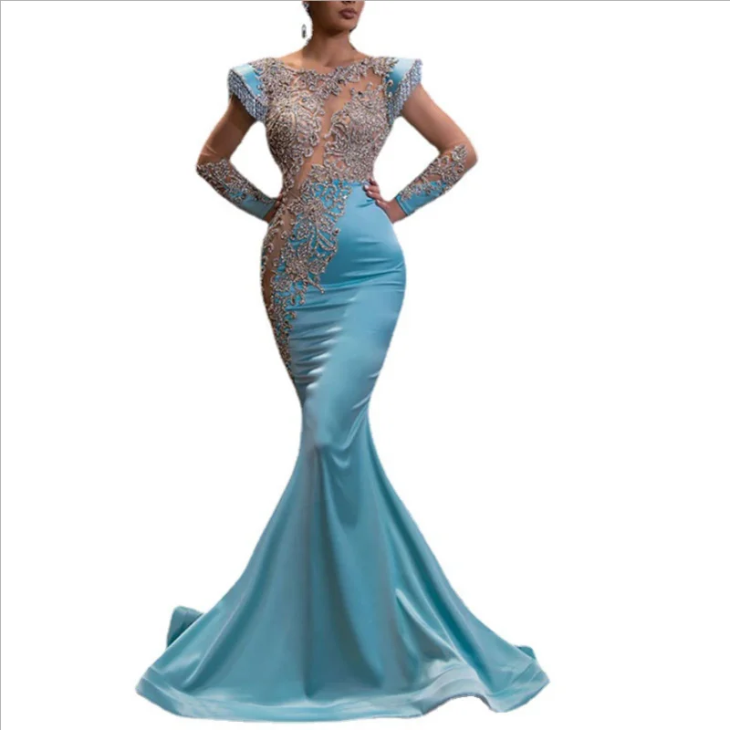 

Party Dress Luxury Beading Mermaid Elegant Woman Evening Gowns Sexy Blue Lace See Throught Long Sleeve Maxi Wedding Vestido 2021