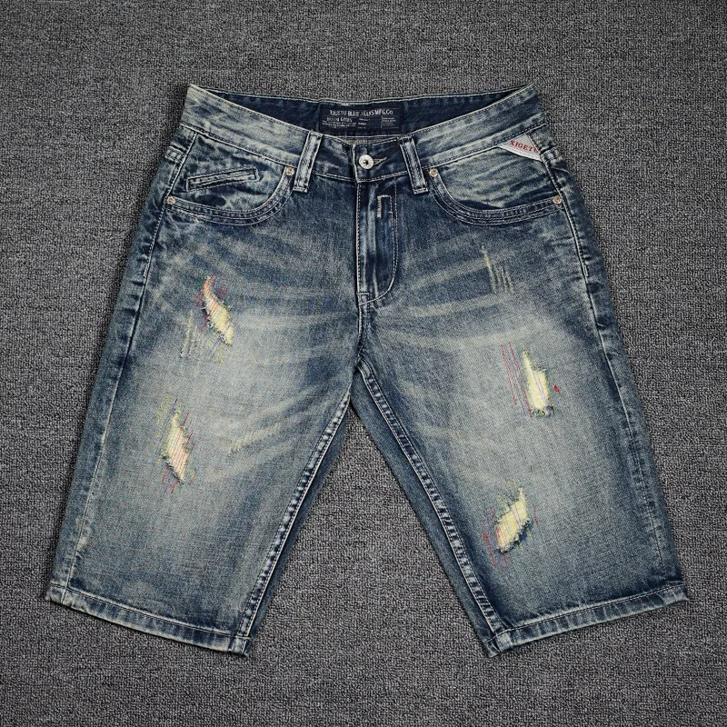 Джинсовые шорты мужские потертые в стиле ретро, модные рваные джинсовые шорты в европейском и американском стиле, дизайнерские винтажные ш...