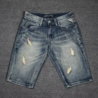 european american summer fashion men jeans retro blue frayed ripped short jeans men embroidery designer vintage denim shorts