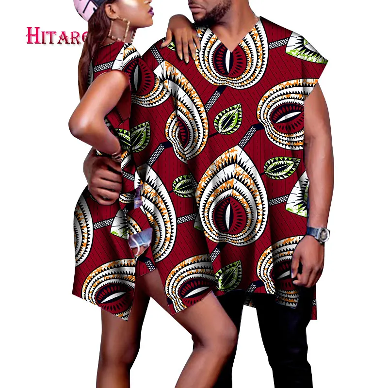 

2021 New Men's Top Shirt with Short Sleeve 1Pcs and Sexy Lady's Skirts Total 2Pcs Set Traditional African Couple Clothing WYQ784