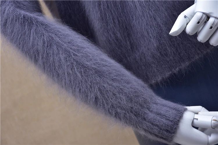 

Women fashion Korean short deep V-neck knitted bottom rabbit fur cashmere sweater Pullover light grey winter warm clothes