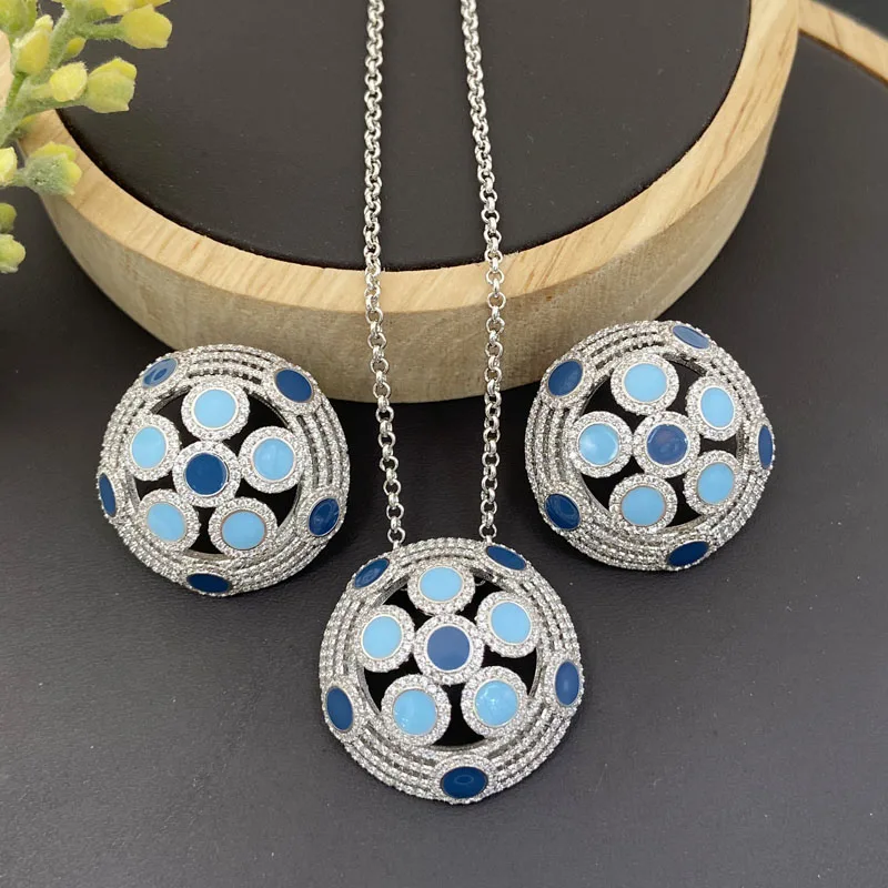 

Lanyika Fashion Jewelry Set Elegant Circle Drip Oil Zircon Micro Inlay Necklace with Earrings for Women Banquet Best Gifts