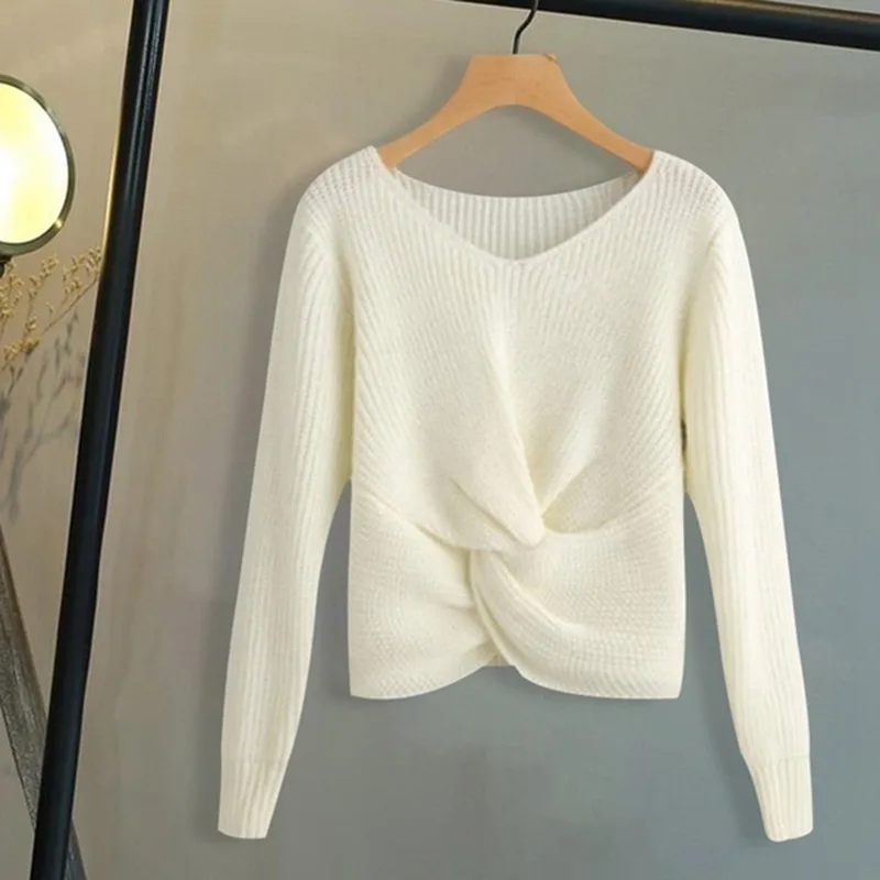 

2020 Women's New Solid Color and V-neck Irregular Long-Sleeve Knitwear Top womens sweaters pullover women knitted sweater