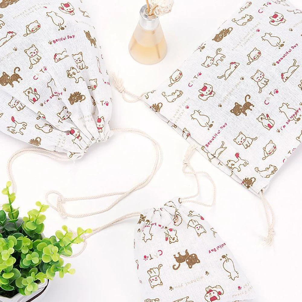 

3Sizes Printed Cotton Linen Drawstring Small Pocket Sundries Underwear Travel Storage Bag Holiday Candy Tea Bag Wedding Gift Bag