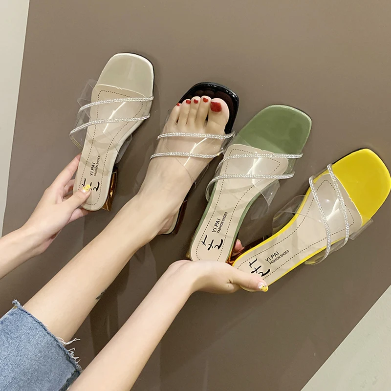 

Shoes Slippers Women Summer Square heel Pantofle Platform Slides Fashion Med Rubber Flip Flops Transparent Heel Block 2021 Soft