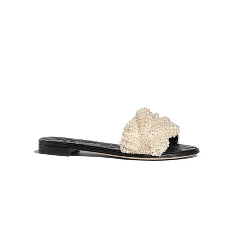 Шлепанцы женские ручной работы с жемчугом мягкие кожаные тапки без застежки