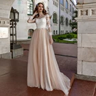 Женское свадебное платье с длинным рукавом, ТРАПЕЦИЕВИДНОЕ кружевное платье цвета шампанского с аппликацией из тюля со шлейфом, 2021
