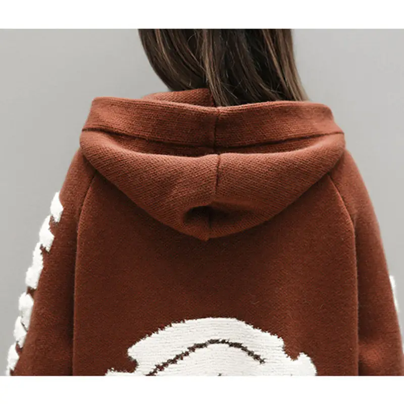 

New Plus Size Woolen Cardigan For Women Long Loose Knitted Trench Coat Casual Hooded Casaco Feminino Print Sweater Coats f1449