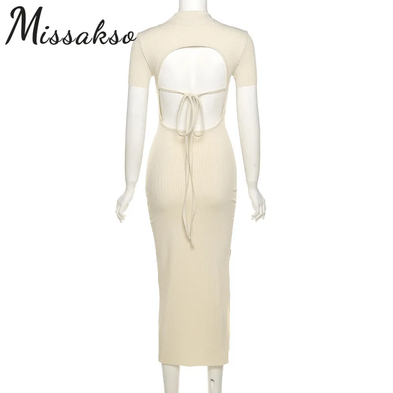 

Missakso Knitted Cut Out Tie Up Dress Party 2021 Summer Women Khaki Sexy Bodycon Turn-down Collar Short Sleeve Midi Dresses