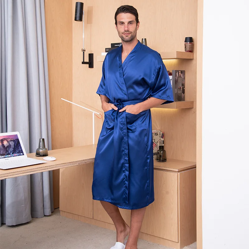 

Loose Men Robe Sexy Male Summer New Sleepwear Bathrobe Satin V-Neck Kimono Bath Gown Long Casual Nightgown Intimate Lingerie