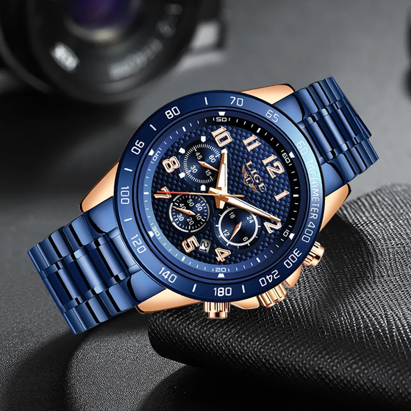 Часы наручные LIGE мужские с хронографом повседневные спортивные брендовые
