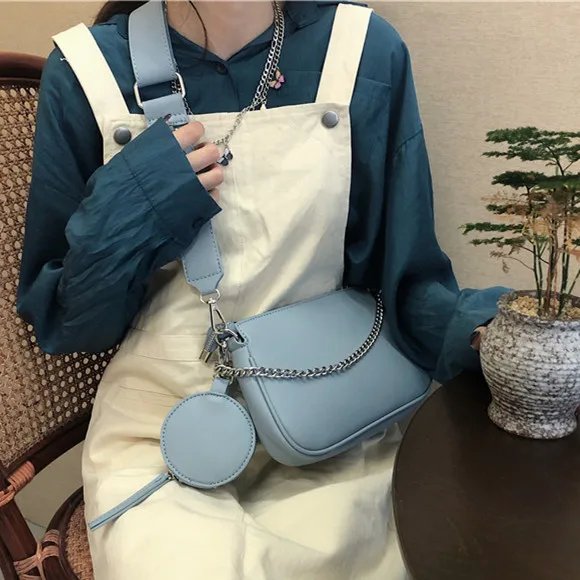

Korean style PU Leather Crossbody Bag Chain Women Shoulder Bag Elegant ladies Purse and handbag small Underarm Mahjong Bag blue
