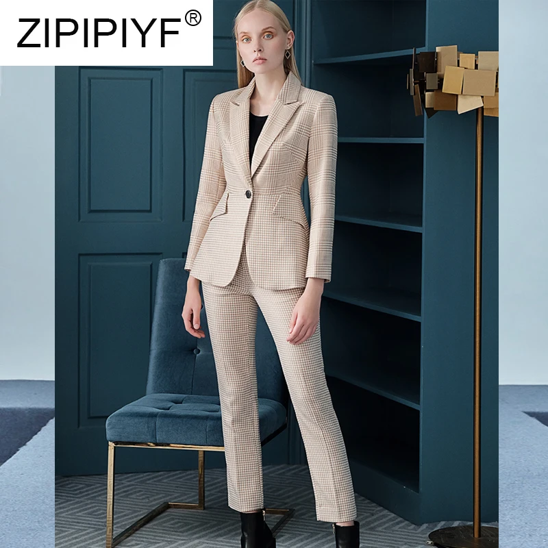 

2019 Early Autumn New Tweed Suit Elegant Female Professional Two-piece Suit Sets Fashion Women Temperament OL Plaid Suit C2128