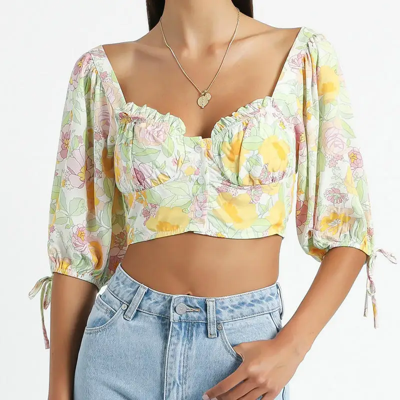 

French Style Women Yellow Flower Chiffon Bolero Blouse Summer Holiday Cozy Look Puff Short Sleeve Horizontal Neck Casual Top