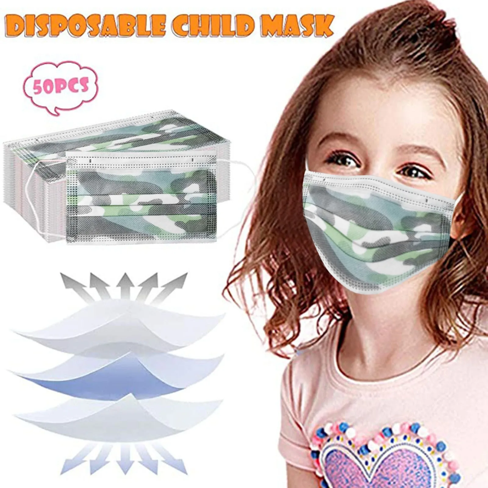 

50PCS Kids Child Disposable Cartoon Mouth Mask 3 Layer Breathable Children's Non Wovens Mask Thick Warm Face Earloop Mask