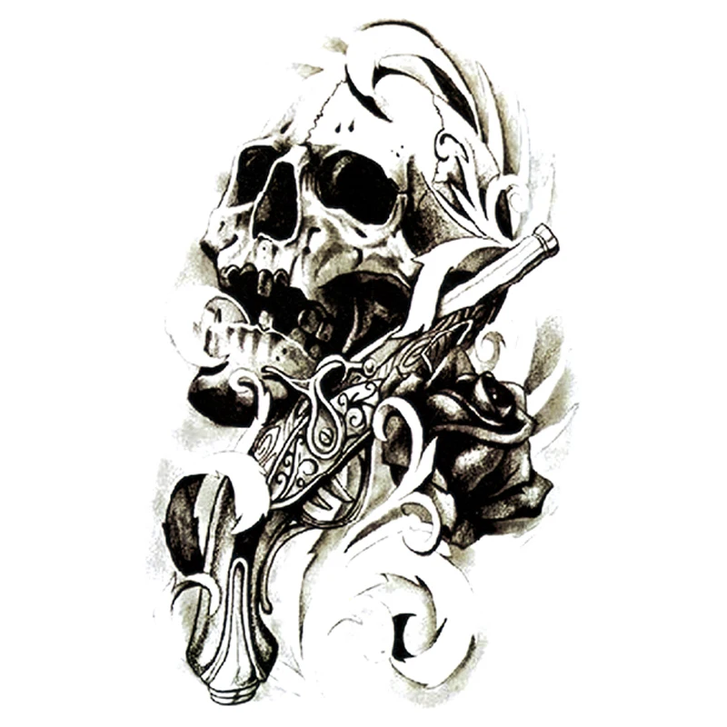 Большой цветок на руку Временная тату Череп пистолет Тотем водостойкая женщина