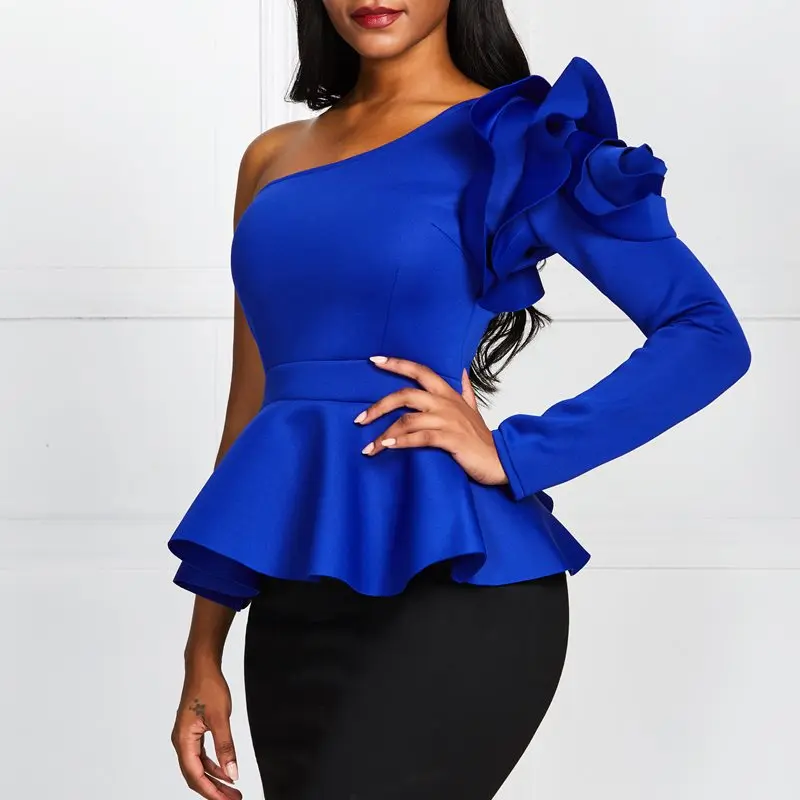 Синяя Женская блузка с косой горловиной на одно плечо тонкая рубашка оборками и