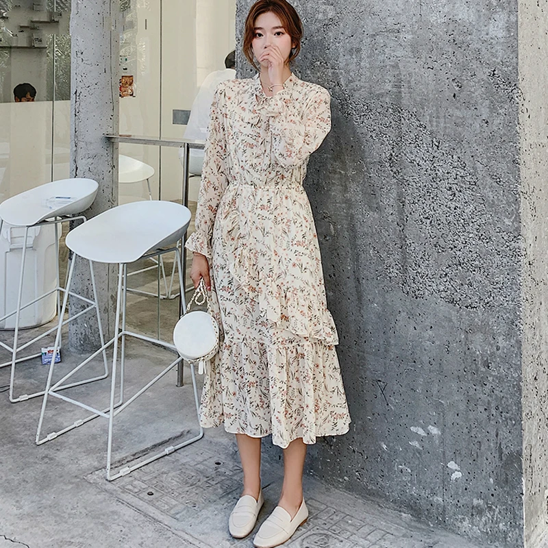 Mozuleva Floral Print Chiffon Women Dress Lace Up Collar Irregular Ruffles Female Long Vintage Flare Sleeve A-line Vestido | Женская