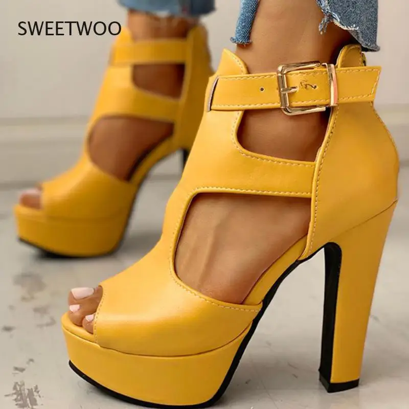 

2021 Big Size 50 Thick High Heels Woman Shoes Sexy Peep Toe Platform Summer Sandals Women Office Sandals
