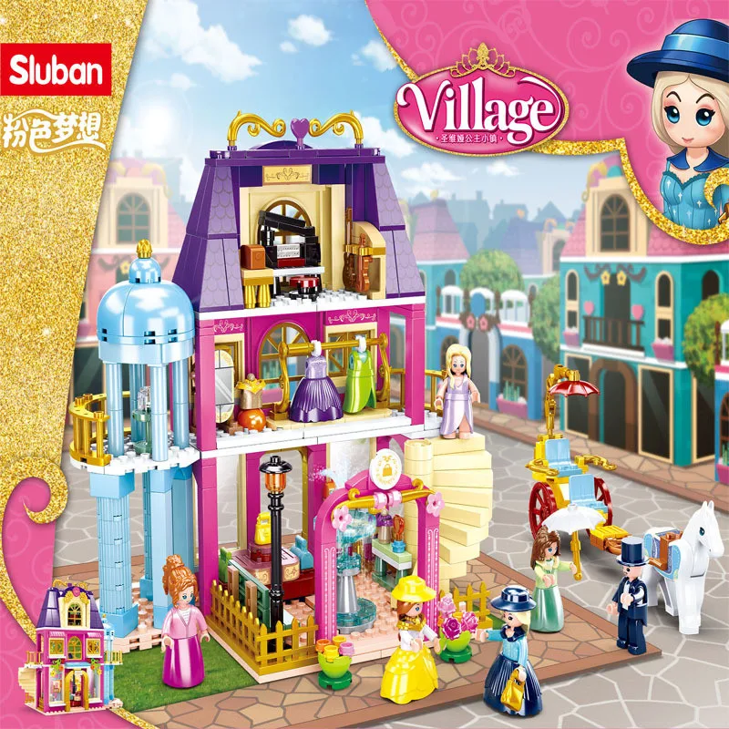 

Friends Village Constructor Model Princess Town Castle Park Girl Play House Pizza Cake Fashion Tram Building Blocks Kids Toys