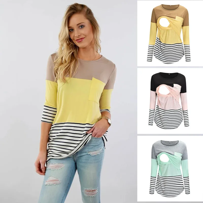 

Nursing Tops Maternity Clothes Long Sleeve Striped O-neck Maternity Pregnancy Shirt For Breastfeeding Ropa Premama Embarazadas