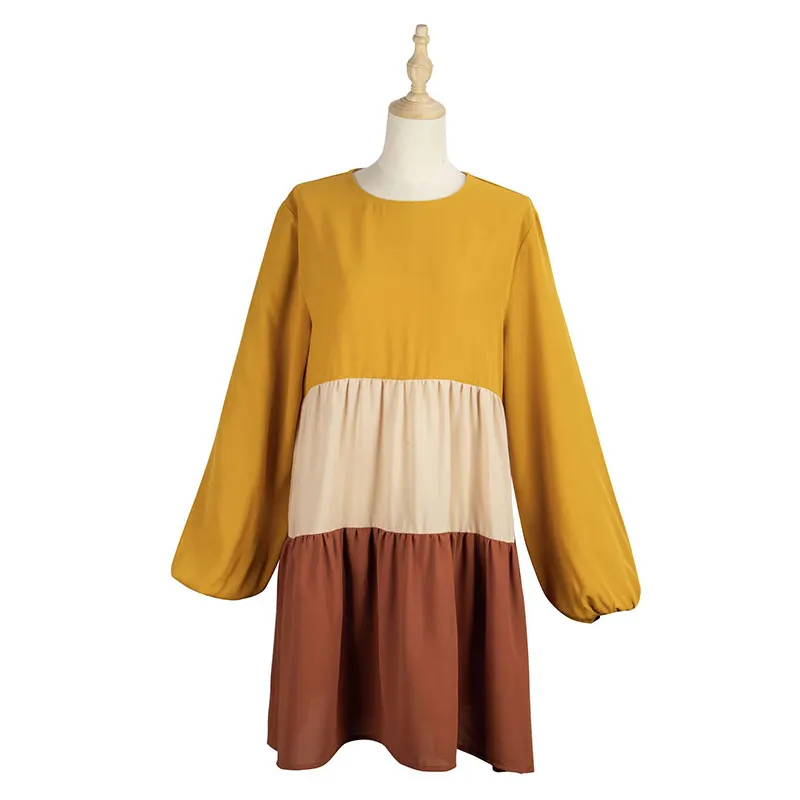 

Autumn Winter Casual Patchwork Above Knee Dress Women 2021 New O-neck Full Sleeve High Waist Dress