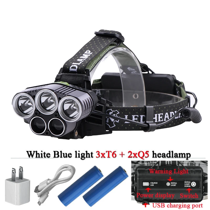5 светодиодных налобных фар USB синий свет белый фонарь для рыбалки налобный cree xml T6