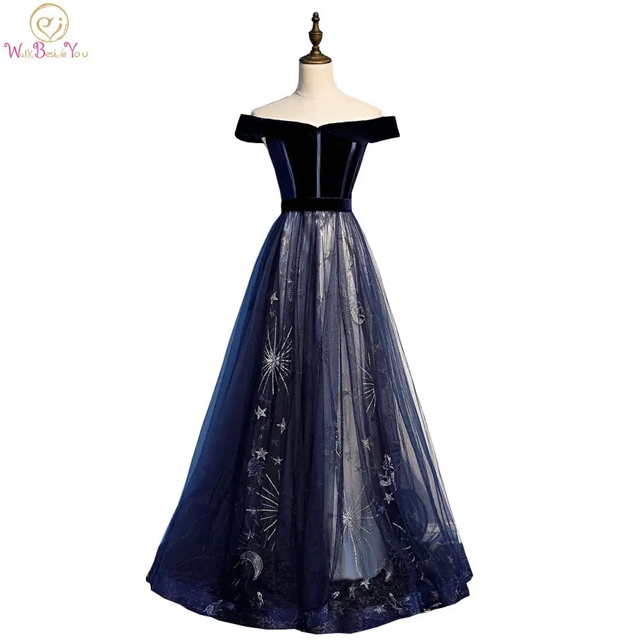 

Women Party Dresses Evening Long 2020 Formal Navy Blue Lace Velour Off Shoulder Boat Neckline A Line Prom Gown Walk Beside You
