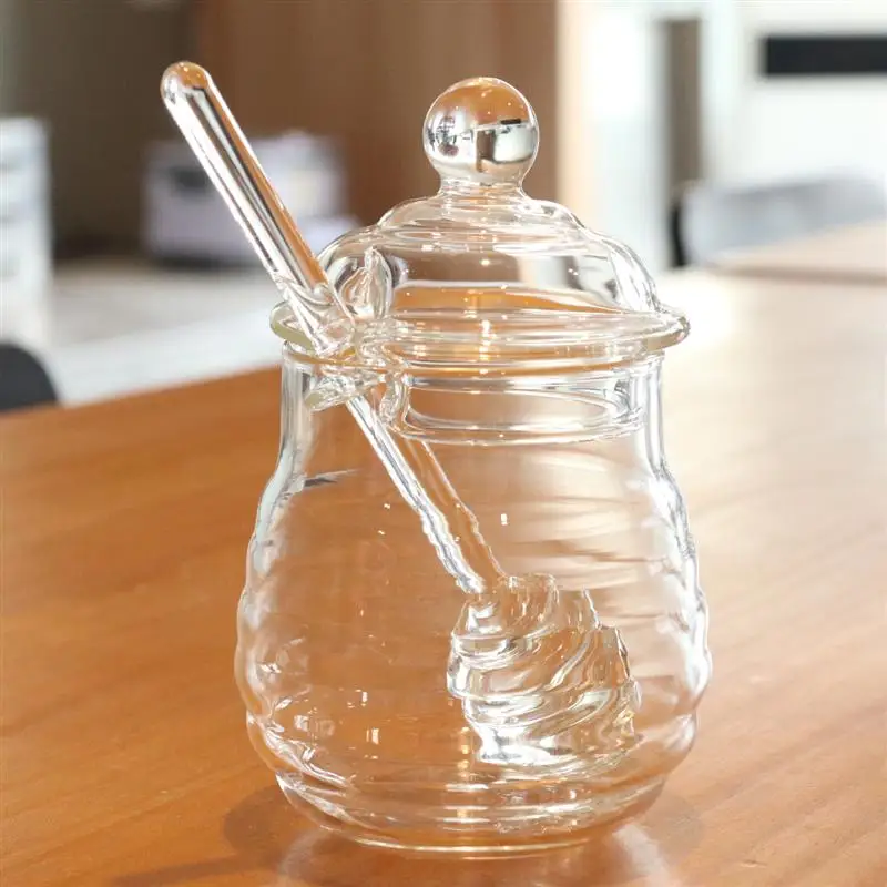

250ml Glass Honey Pot Clear Jam Jar Set with Dipper and Lid for Home Kitchen Use